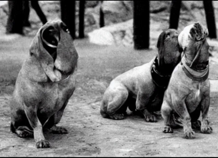 Image similar to stills from akira kurosawa's 1 0 7 dachshunds,