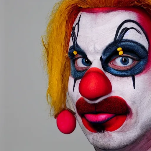 Prompt: mattia binotto, clown makeup, widelens, realistic, hdr, red clown nose, colorful wig