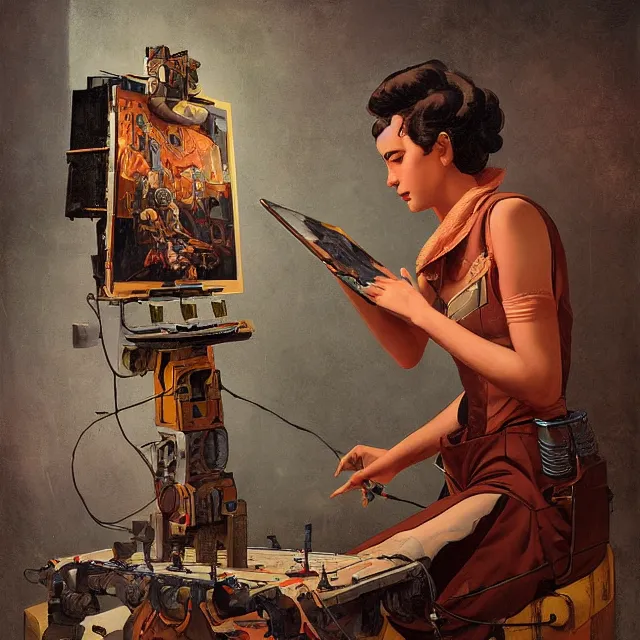 Image similar to robot artist painting a self - portrait on a canvas. intricate, highly detailed, digital matte painting, in the style of alexandros pyromallis, and in the style of sachin teng, and in the style of hans thoma, and in the style of gil elvgren. irony, recursion, inspiration, dieselpunk.