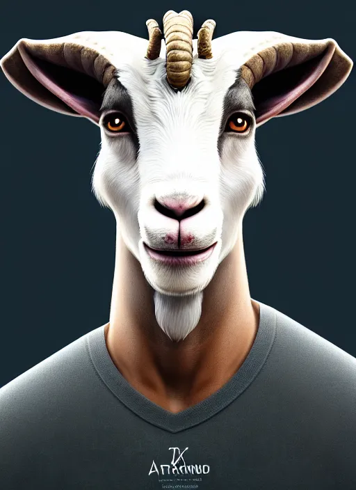 Image similar to anthropomorphic portrait of will smith as a goat, au naturel, hyper detailed, digital art, trending in artstation, cinematic lighting, studio quality, smooth render, unreal engine 5 rendered, octane rendered, art style by klimt and nixeu and ian sprigger and wlop and krenz cushart