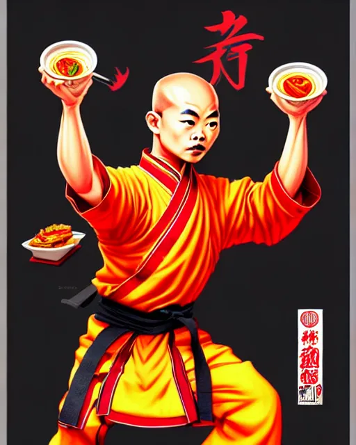 Image similar to richly detailed color illustration of a shaolin-Fast-Food-Employee-kung-fu illustrated by Artgerm and Timothy Kong . 3D shadowing