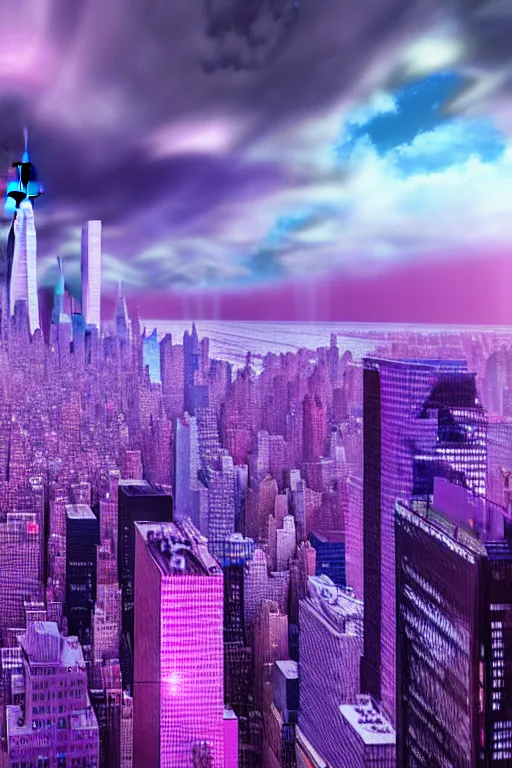 Prompt: a futuristic photo - realistic new york city in shiny crystalline, octane render, clouds : 5, violet sun : 2, purple lightening : 6, in the style of sahm : 2 8 hd, ultra - realistic, hyper - realistic, digital art,