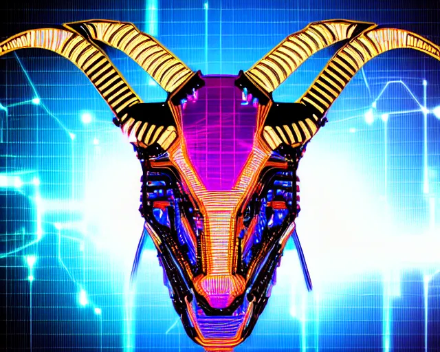 Image similar to cybernetic evil goat head merged with complex circuitry and machinery, multicolored