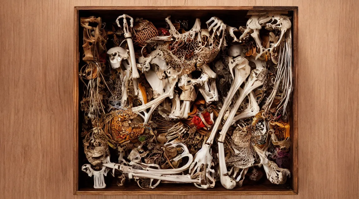 Image similar to wooden box with cabinet of curiosities neatly ordenend with duck skeleton bones and living worms, photo realistic, professional photo, by Steve McCurry