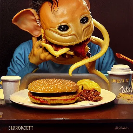 Prompt: hyper realistic, detailed beautiful cute alien, eating a cheeseburger, at a 5 0 s diner, painted by norman rockwell, greg rutkowski, john howe, wlop, artgerm