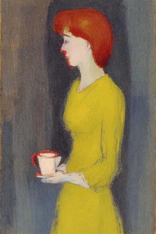 Image similar to a portrait of a young woman with red hair, wearing a yellow dress, drinking tea, by charles hawthorne