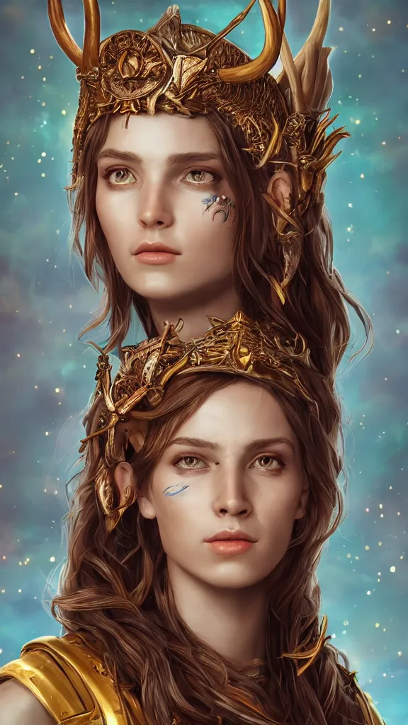 Image similar to portrait of Artemis, goddess of the hunt and the moon, wearing an antler crown, studio lightning, bright colors, intricate, masterpiece, photorealistic, hiperrealistic, sharp focus, high contrast, Artstation HQ, DeviantArt trending, 4k UHD, Unreal Engine 5