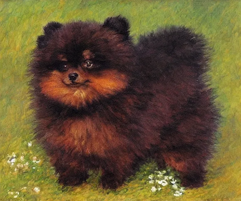 Prompt: brown and black pomeranian, cute, monet, oil painting