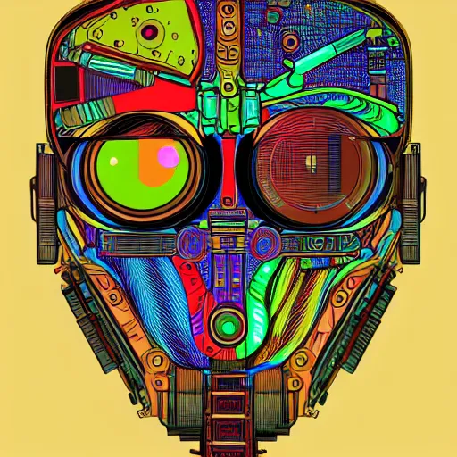 Image similar to hyperdetailed portrait of a multicolored spaced out steampunk robot head, 8 k, symetrical, halluzinogenic, meditative, vector art, black background