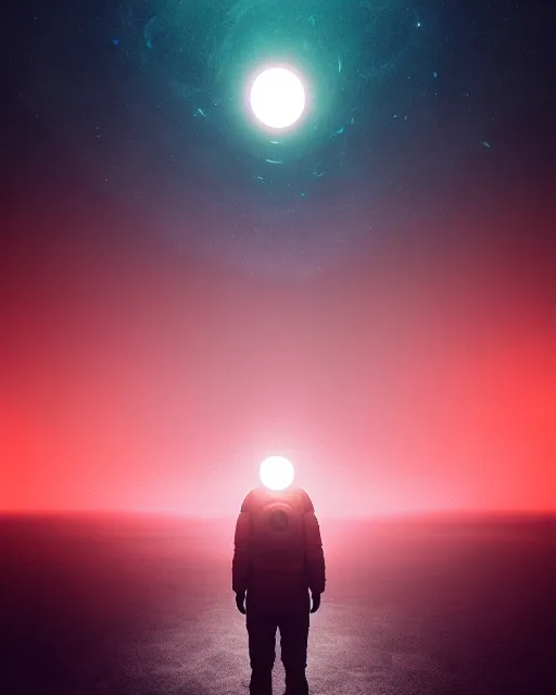 Image similar to a person standing in front of a glowy open door that's on a barren moon, poster art by mike winkelmann, trending on cg society, space art, sci - fi, ue 5, futuristic, volumetric lighting, light casting onto the ground, neat composition and camera angle