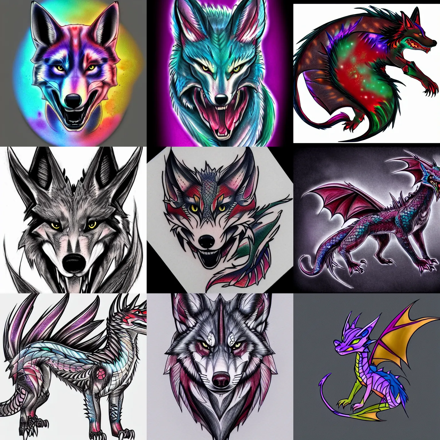 Prompt: colored dragon - husky - fox - hybrid tattoo concept art, line art, 4 k hd, realistic