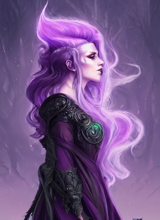 Prompt: side portrait dark witch, adventurer outfit large cloak, fantasy forest landscape, dragon scales, fantasy magic, undercut hairstyle, short purple black fade hair!!!!!!, dark light night, intricate, elegant, sharp focus, illustration, highly detailed!!!!!!!, digital painting, concept art, green neon smoke, matte painting, art by WLOP and Artgerm and Greg Rutkowski and Alphonse Mucha, masterpiece