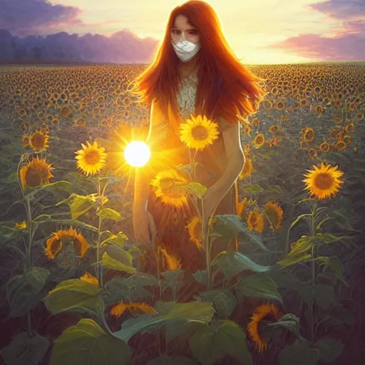 Prompt: Bedsheet Ghost in a field of sunflowers, sunset, highly detailed, digital painting, artstation, concept art, smooth, sharp focus, illustration, art by artgerm and greg rutkowski and alphonse mucha