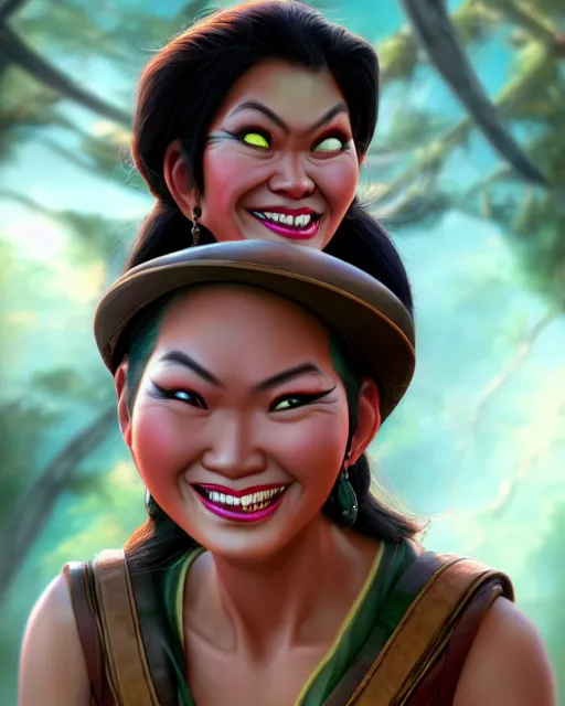 Prompt: giggling heavy - set filipina woman character portrait, by don bluth, sci - fi environment, highly detailed, dynamic shadows, 4 k, wallpaper - 1 0 2 4