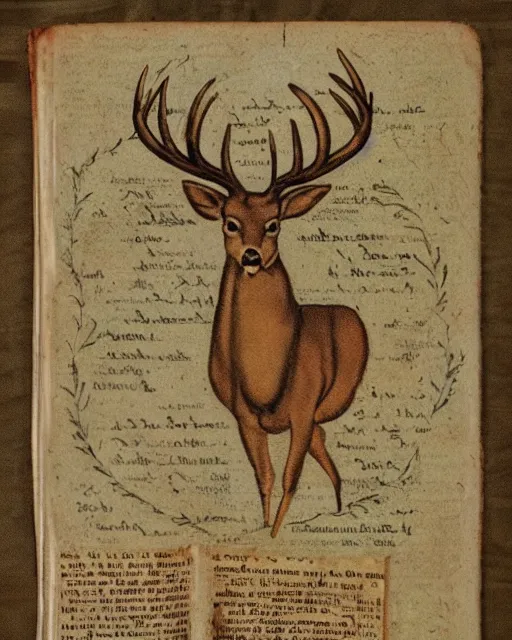 Prompt: esoteric forest scripture old book cover written for deer