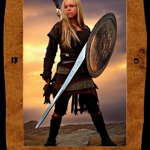 Image similar to « pretty, hot viking girl, with a sword, detailed, full body portrait »