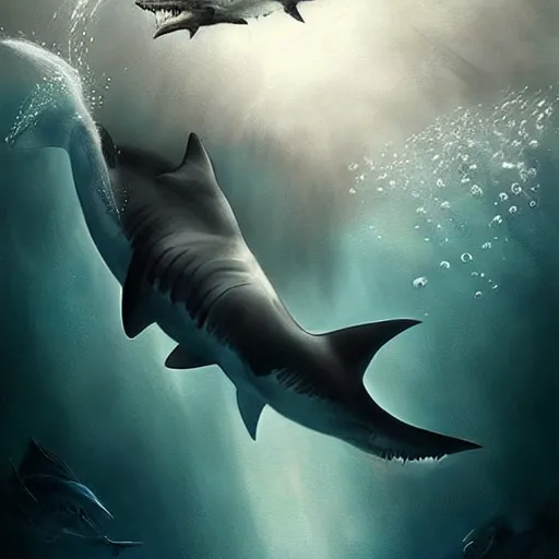 Image similar to a dream fantasy painting of ( white shark with blood teeth ) near a scuba diver, in the deep, trending on artstation, deviantart, matte painting by antonio j. manzanedo, greg rutkowski, holly bruce,