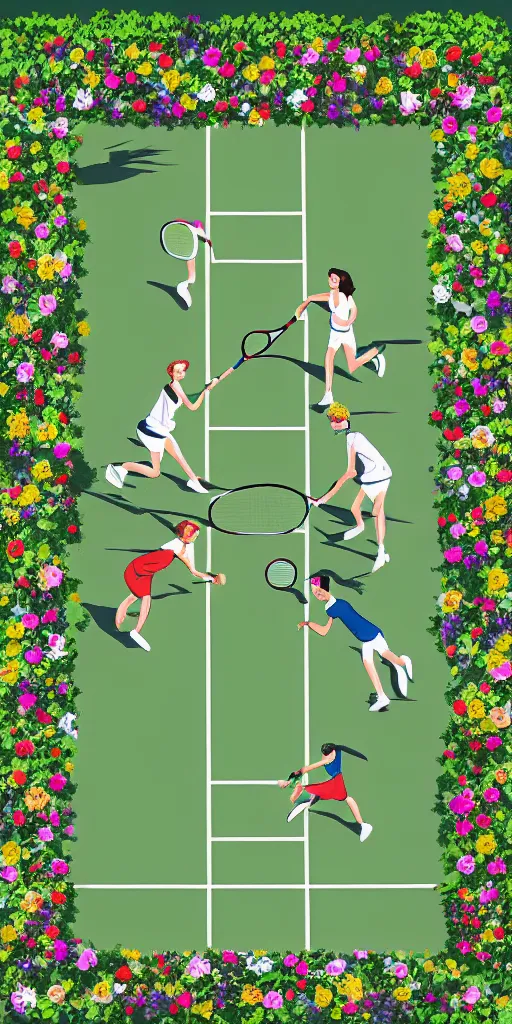 Image similar to Two elves playing tennis on a tennis court made of flowers, digital art