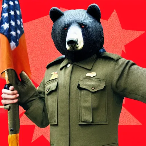 Prompt: a portrait of a socialist comrade bear in a military uniform waving a red flag