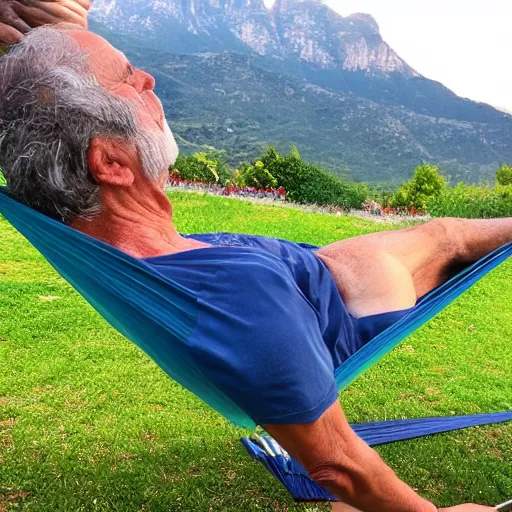 Prompt: my older italian wise friend on a hammock, reading new book, gravity is strong, he is very relaxed, snug legs, mountains in a background