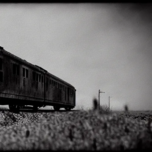 Image similar to the disembodied spirit of a dangerous railroad demon, Boxcar on the railroad, atmospheric and depressed, Cinematic, film still from a horror movie