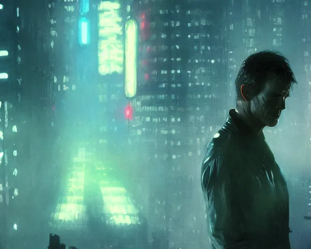 Prompt: 2 0 1 8 blade runner movie still young clint eastwood look at the cityscape from roof perfect face fine realistic face pretty face reflective polymer suit tight neon puffy jacket blue futuristic sci - fi elegant by denis villeneuve tom anders zorn hans dragan bibin thoma greg rutkowski ismail inceoglu illustrated sand storm alphonse mucha