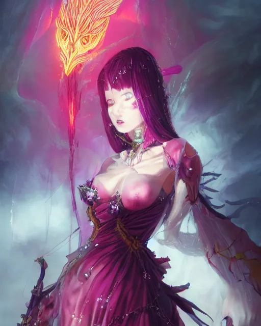 Image similar to demon girl wearing gown, beautiful, fantasy, colorful, cinematic lighting, artstation, trending, highly detailed, focus, smooth, by hirohiko araki and yoshitaka amano