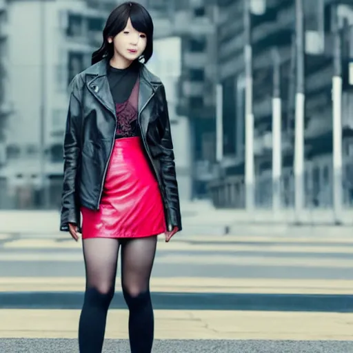 Image similar to a dynamic, epic cinematic 8K HD movie shot of a japanese young J-Pop idol girl wearing leather jacket, miniskirt, nylon tights and high heels boots. Motion, VFX, Inspirational arthouse