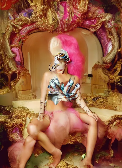 Image similar to lady gaga styled by david lachapelle posing in an expensive mansion setting , vogue magazine, Highly realistic. High resolution. Highly detailed. Dramatic. 8k.4k.