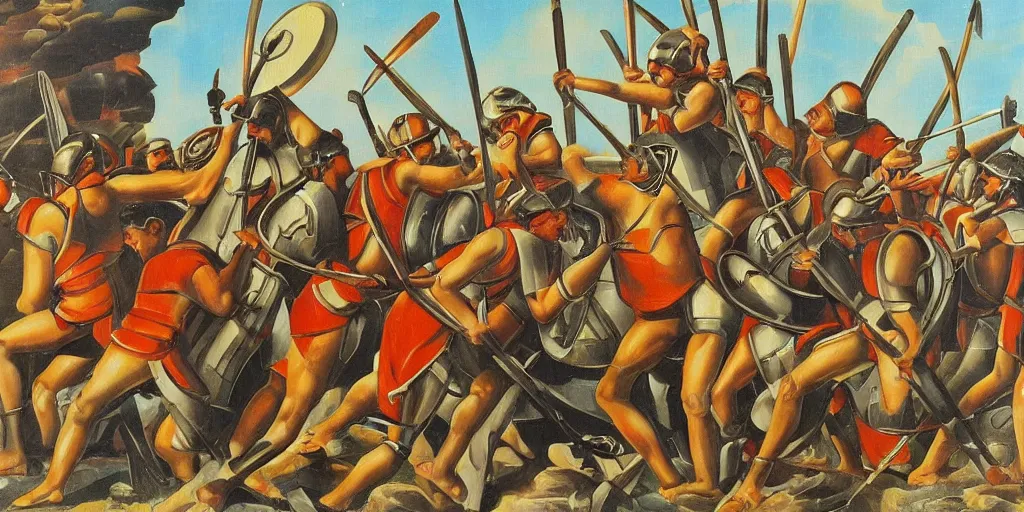 Prompt: italian futurism style painting of greek hoplites at war