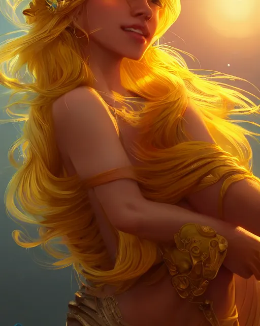 Image similar to a beautiful sun goddess, flowy yellow golden hair, sun, summer, cinematic lighting, highly detailed, digital painting, trending on artstation, pixiv, concept art, sharp focus, illustration, art by ross tran and wlop