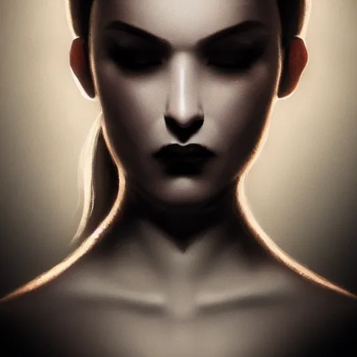 Image similar to shameless woman whis impudent facial expression, shadow of the cross, elegant, dark and mysterious, atmospheric, trending on artstation, highly detailed, digital painting, volumetric light, concept art, middle focus, illustration