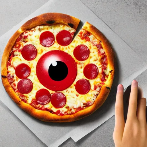 Image similar to a pizza with eye balls fingers on it, top view