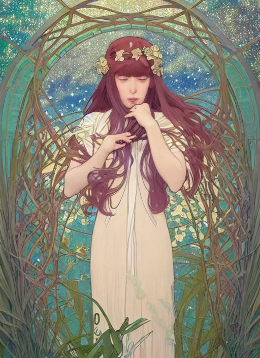 Image similar to a girl staring at the stars in her backyard, path traced, highly detailed, high quality, digital painting, by studio ghibli and alphonse mucha, leesha hannigan, hidari, art nouveau, chiho aoshima, posuka demizu