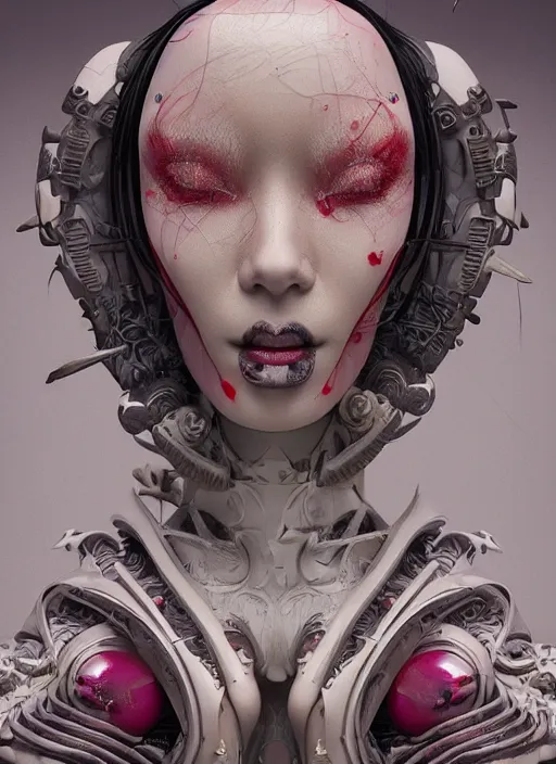 Image similar to portrait of a sensual futuristic geisha cyborg, latex, modern fine art, fractal, intricate ornaments, elegant, highly detailed, digital photography, subsurface scattering, by jheronimus bosch and greg rutkowski,