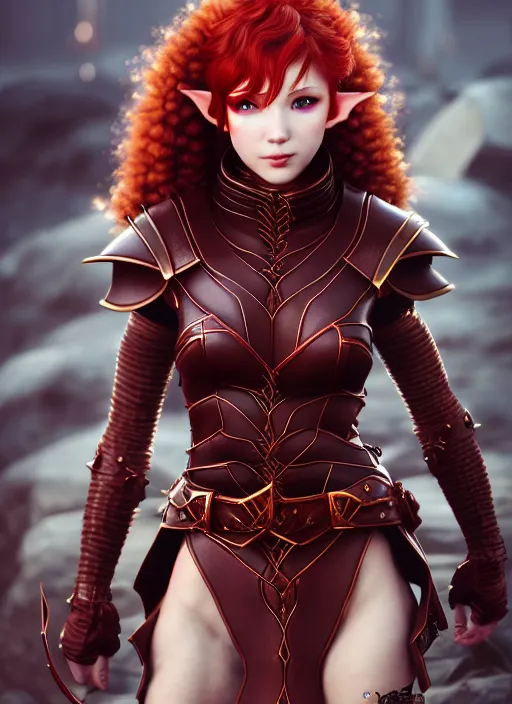 Image similar to leather armor!!! beautiful and elegant curly red hair female elf!! gorgeous ayes!! character concept art, sharp focus, octane render! unreal engine 5! highly rendered!! trending on artstation!! detailed linework!! illustration by artgerm, wlop, and chie yoshii