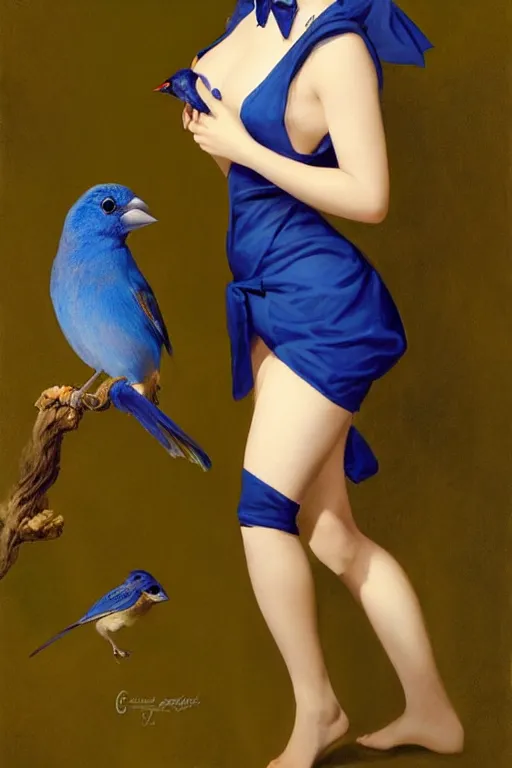 Image similar to hyper realistic painting, tasteful pinup girl holding an indigo bunting, bird, the bird is wearing a bowtie, by greg rutkowski, rossdraws, gil elvgren, enoch bolles, anime, porcelain skin, very coherent