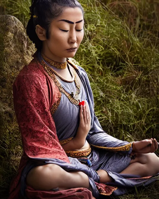 Prompt: contented peaceful female bodhisattva!!, praying meditating, in scenic environment, portrait photograph by peter coulson