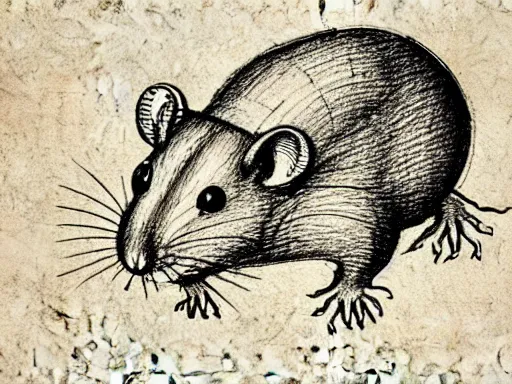 Image similar to highly detailed blueprint, technical drawing of a rat, schematic, pencil, sepia, old paper, art by da vinci