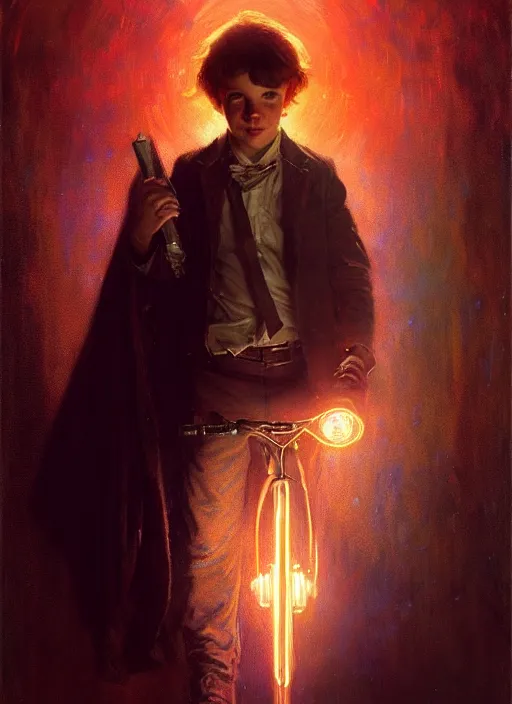 Image similar to illustration by gaston bussiere, gerome, craig mullins, greg rutkowski, john singer sargent. portrait of eddie munson joseph quinn, stranger things. 8 ß's neon retro. lights, glow, magical. dark background.