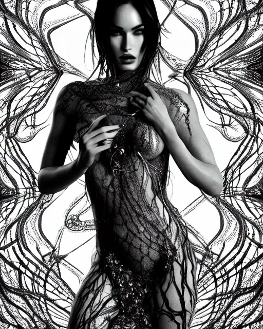 Image similar to surreal mythical dreamy artistic black and white fine art photo of megan fox - medus - cyborg covered with lace fish scales and translucent algae, highly detailed, intricate crystal ivy lace jelly fish scales ornate, poetic, octane render, 8 k, photo - realistic