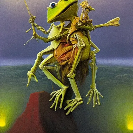 Image similar to muppet frog horseman riding a glowing baroque unicorn skeleton, foggy night, in style of tarot card, painting by beksinski, part by adrian ghenie and neo rauch, in color palette of francis bacon, eerie, mystical, sublime