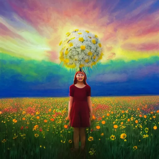 Image similar to full body daisy flower head, girl standing in a flower field, head hidden behind huge daisy flower, surreal photography, sunrise, dramatic light, impressionist painting, colorful clouds, digital painting, artstation, simon stalenhag