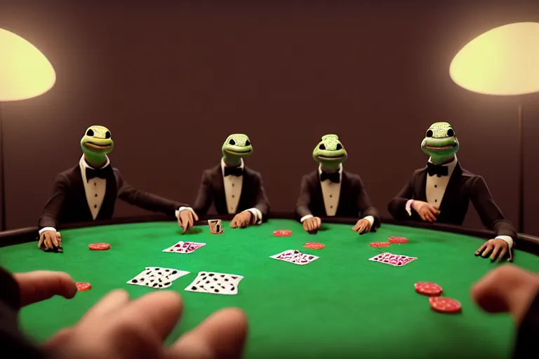 Prompt: hyperrealism simulation highly detailed human turtles'wearing detailed tuxedos and smoking, playing poker in hyperreilsm scene from cyberpunk movie from future by wes anderson and denis villeneuve and mike winkelmann rendered in blender and octane render