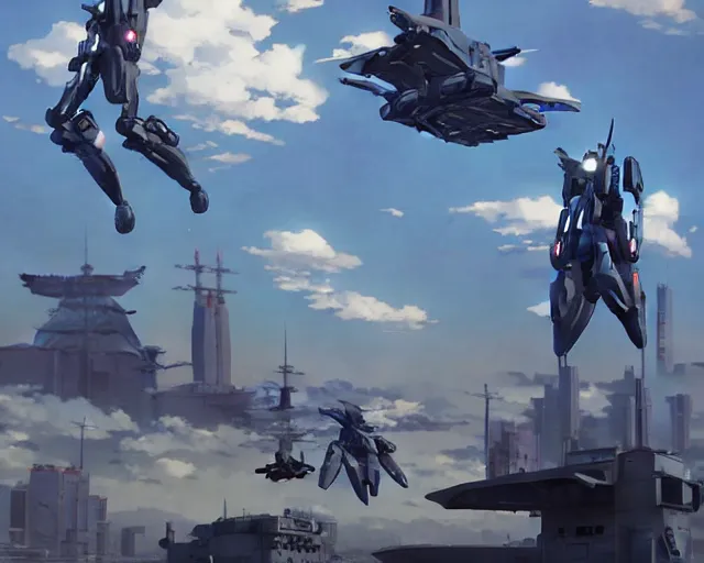 Prompt: Beautiful Epic scene of a beautiful gigantic Patlabor style mech being air lifted by futuristic helicopters above a futuristic Tokyo style military city, extreme detail, by Greg Rutkowski and Krenz Cushart and Pan_Ren_Wei and Hongkun_st and Bo Chen and Enze Fu and WLOP and Alex Chow, Madhouse Inc., anime style, crepuscular rays, set in rainy futuristic cyberpunk Tokyo street, dapped light, dark fantasy, cgsociety, trending on artstation