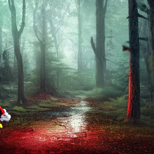 Prompt: sonic in a creepy forest at midnight, dark, gloomy, 8k, scary, creepy, hdr, rtx