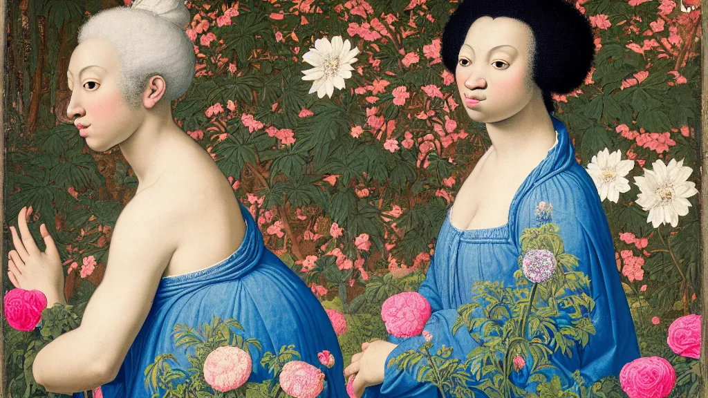 Prompt: portrait of a black woman with white and neon blue hair, wearing a white t-shirt, standing in a garden full of flowers, intricate details, high detail, in a renaissance style, super-flat, in the style of Jean Auguste Dominique Ingres, James Jean, punk, Asian art