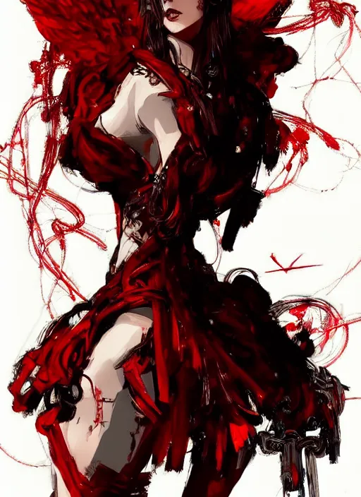 Prompt: half body portrait of an angel, beautiful woman in an ornate red dress, blood magic. in style of yoji shinkawa and hyung - tae kim, trending on artstation, dark fantasy, great composition, concept art, highly detailed, dynamic pose, vibrant colours.