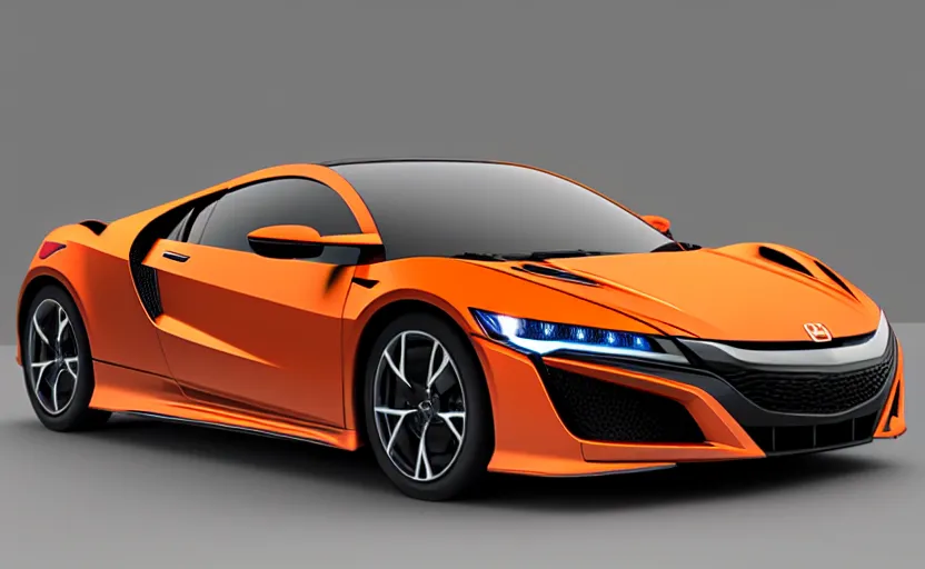 Prompt: honda nsx new car, futuristic car, symmetrical mechanical features, designed by polestar, night tokyo metropoly, elegant design, led lights, papaya orange paint, filled wheels, hard surfaces modelling, dramatic lighting, rendered in ue 5, made in zbrush, bokeh effect, sharp focus