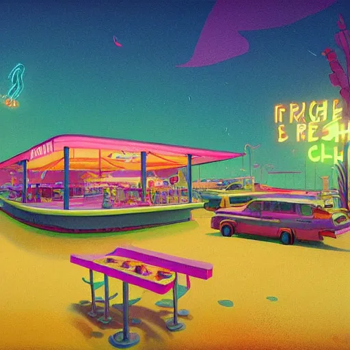 Image similar to psychedelic beachfront fast food restaurant by simon stalenhag